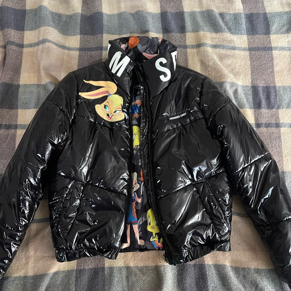 Members Only Kids Shiny Black Puffer Jacket with Bunny Design